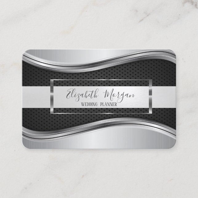 Elegant Modern Metallic Silver Black Frame Business Card (Front)