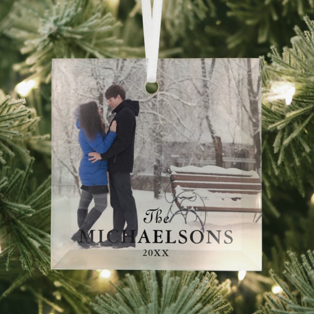 Elegant Modern Minimal Christmas Couple Photo Glass Tree Decoration (Insitu)