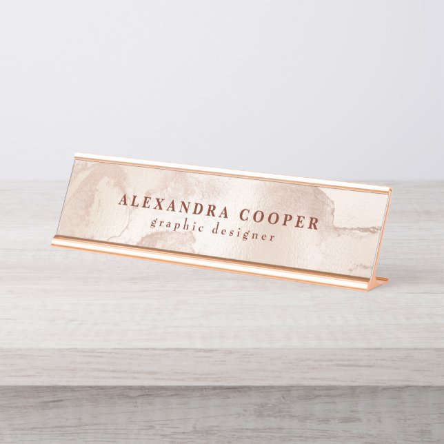 Elegant modern minimal coper rose gold marble  desk name plate (Front)