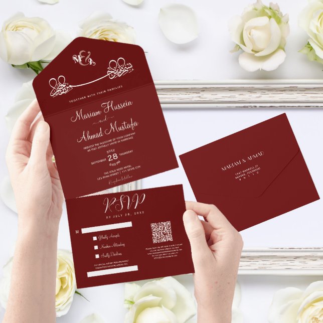 Elegant Modern Minimal Dark Red Islamic Nikah All In One Invitation (all in one islamic wedding invitation)