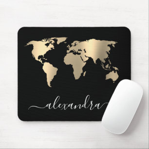 Elegant modern minimal gold black world map mouse pad