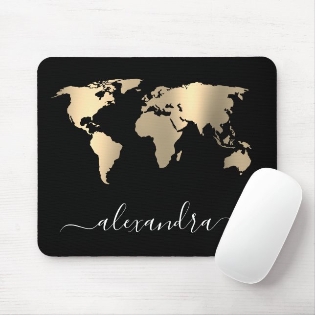 Elegant modern minimal gold black world map mouse pad (With Mouse)