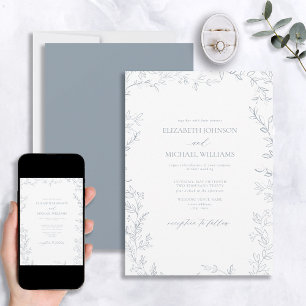 Elegant Modern Minimal Leaf Dusty Blue Wedding Invitation