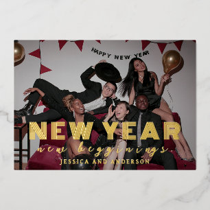 Elegant Modern Minimal New Year Cheers Photo Foil Holiday Card