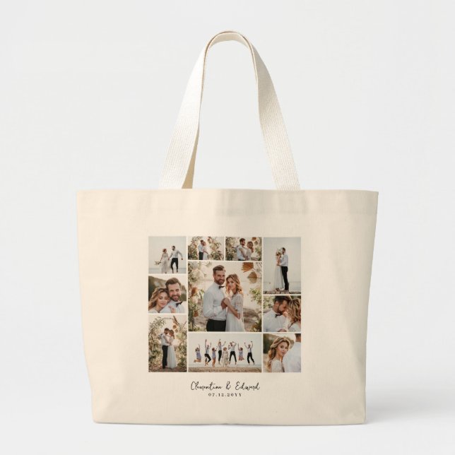 Elegant modern minimal photo collage wedding large tote bag (Front)