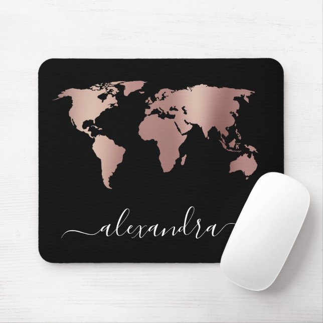 Elegant modern minimal rose gold black world map mouse pad (With Mouse)
