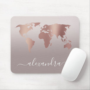 Elegant modern minimal rose gold grey world map mouse pad