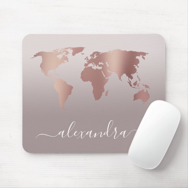 Elegant modern minimal rose gold grey world map mouse pad (With Mouse)
