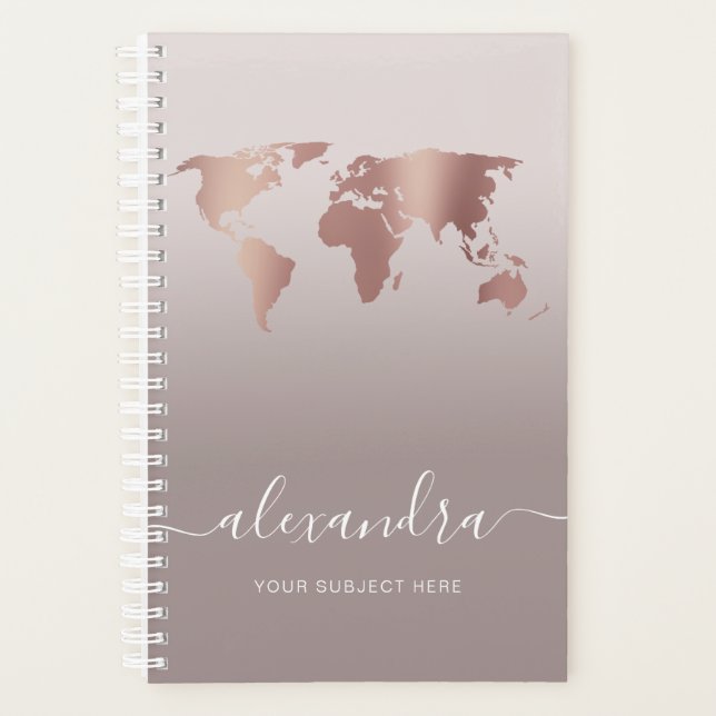 Elegant modern minimal rose gold grey world map planner (Front)