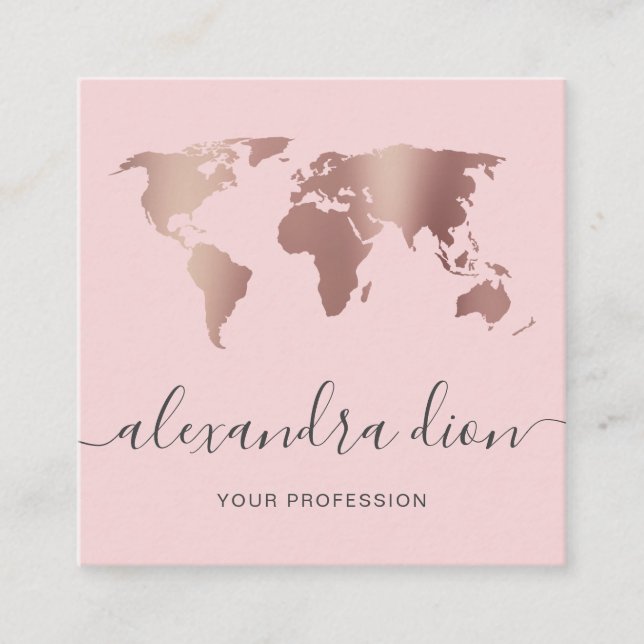 Elegant modern minimal rose gold pink world map square business card (Front)