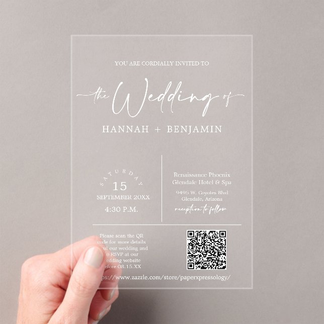 Elegant Modern Minimal Script Wedding Arch QR Code Acrylic Invitations (Insitu (Handheld))