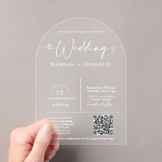 Elegant Modern Minimal Script Wedding Arch QR Code Acrylic Invitations