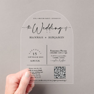 Elegant Modern Minimal Script Wedding Arch QR Code Acrylic Invitations
