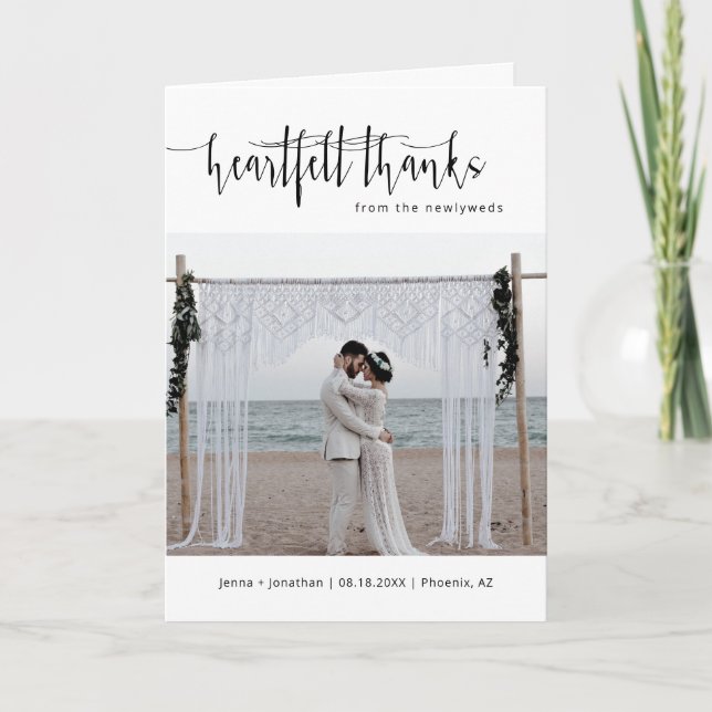 Elegant Modern Minimal Script Wedding Photo Folded Thank You Card (Front)