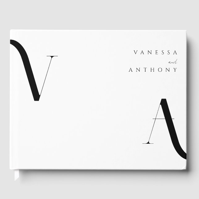 Elegant Modern Minimalist Black and White Wedding Guest Book (Front)