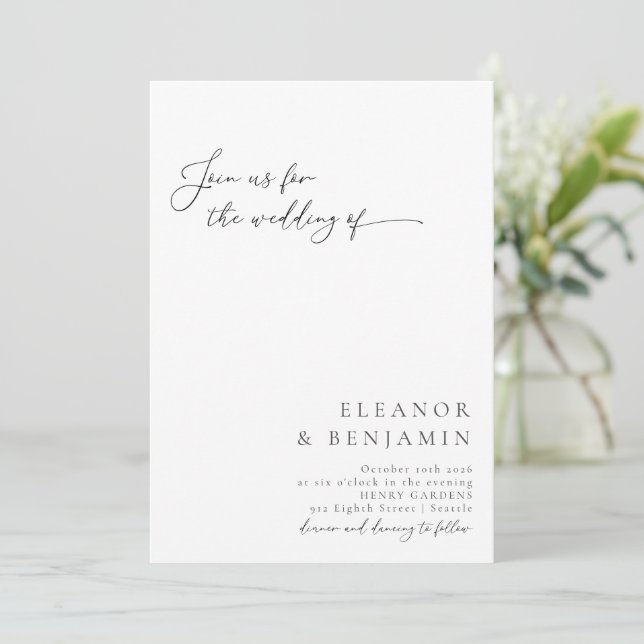 Elegant Modern Minimalist Black and White Wedding Invitation (Standing Front)