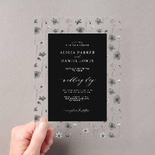Elegant modern minimalist black floral wedding acrylic invitations
