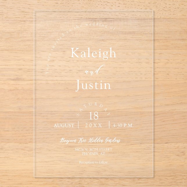 Elegant Modern Minimalist Boho Arch Wedding White Acrylic Invitations (Front)
