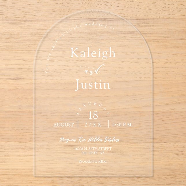 Elegant Modern Minimalist Boho Arch Wedding White Acrylic Invitations (Front)