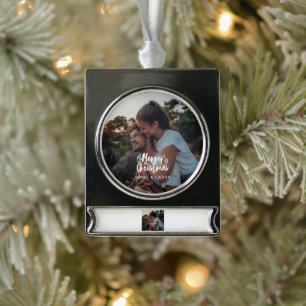 Elegant Modern Minimalist Christmas Couple Photo Silver Plated Banner Ornament