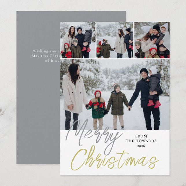 Elegant Modern Minimalist Christmas Family 4 Photo Holiday Card (Front/Back)