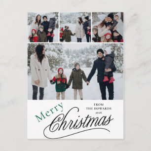 Elegant Modern Minimalist Christmas Family 4 Photo Holiday Postcard