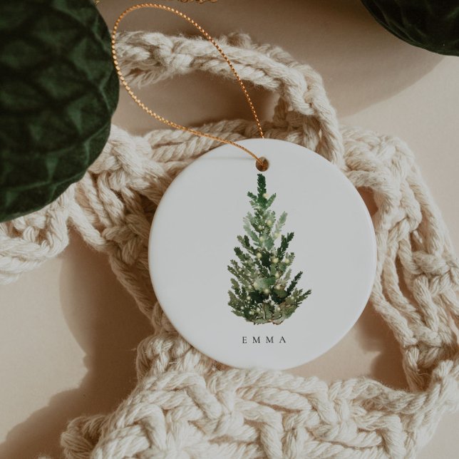 Elegant Modern Minimalist Christmas Tree Name Ceramic Ornament (Creator Uploaded)