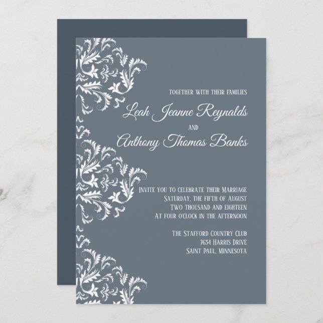Elegant Modern Minimalist Dusty Blue Damask Invitation (Front/Back)