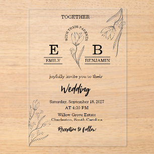 Elegant Modern Minimalist Floral Simple wedding  Acrylic Invitations