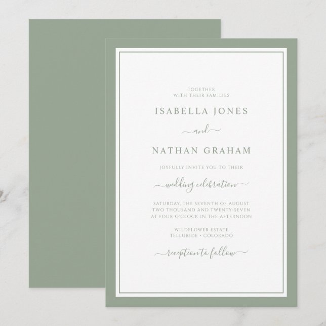 Elegant Modern Minimalist Sage Script Wedding Invitation (Front/Back)