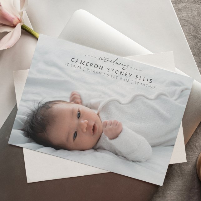 Elegant Modern Minimalist Script Baby Photo Birth Announcement (Creator Uploaded)