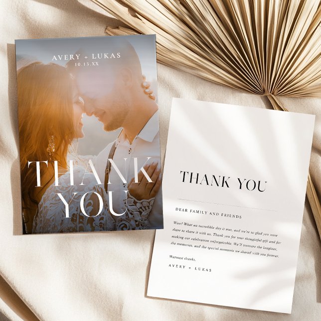 Elegant Modern Minimalist Typography Photo Wedding Thank You Card (Creator Uploaded)