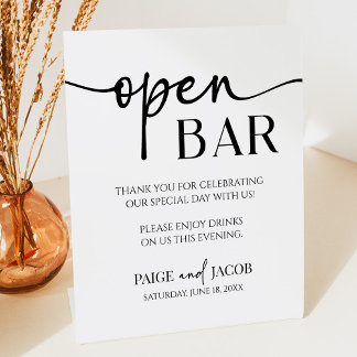 Elegant Modern Minimalist Wedding Open Bar Pedestal Sign
