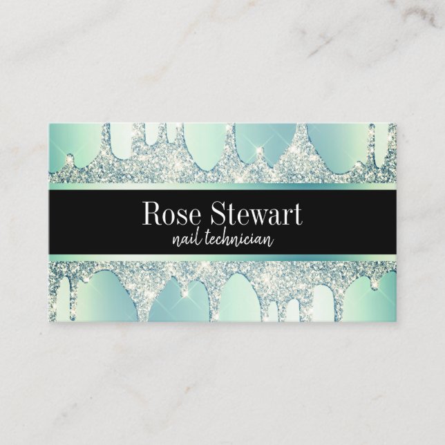 Elegant modern mint green glitter drips nails business card (Front)