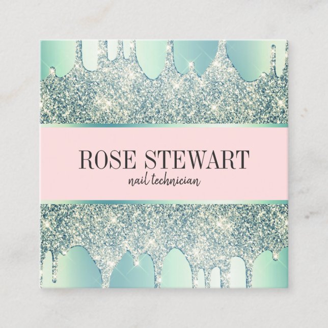 Elegant modern mint green glitter drips nails square business card (Front)