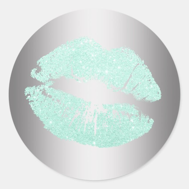 Elegant modern mint green glitter lips silver classic round sticker (Front)