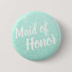 Elegant & modern mint green glitter maid of honour 6 cm round badge