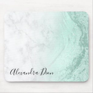Elegant modern mint green glitter white marble mouse pad