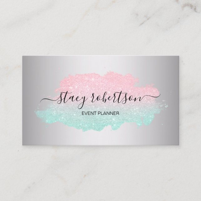 Elegant modern mint & rose gold glitter planner business card (Front)