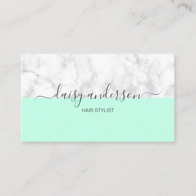 Elegant modern mint & white marble hair stylist business card (Front)
