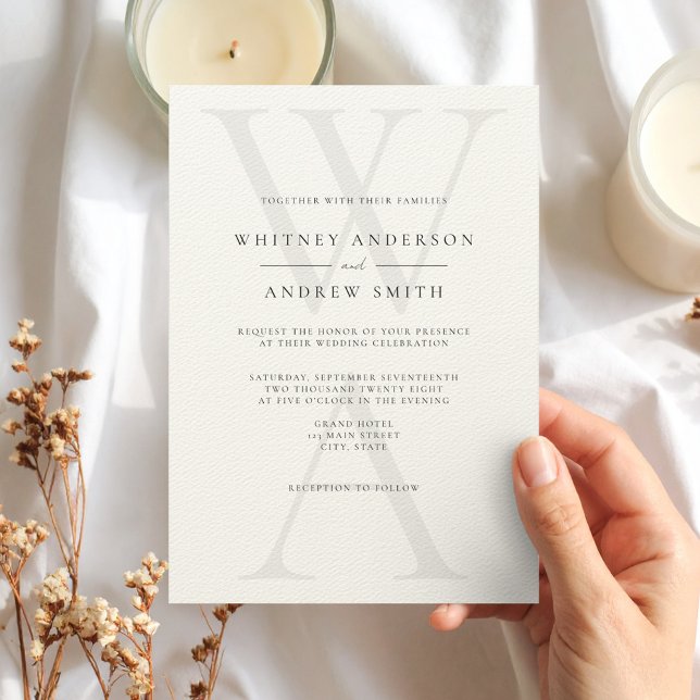 Elegant Modern Monogram Black & Ecru Wedding Invitation (Creator Uploaded)