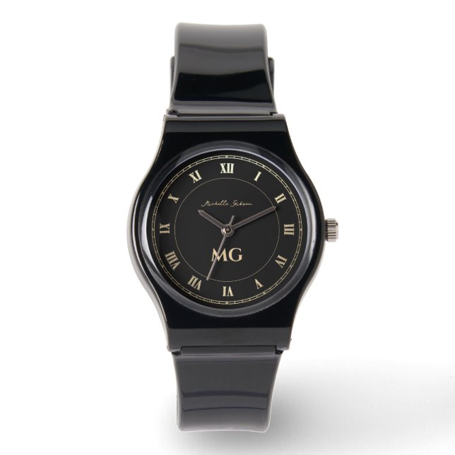 Elegant Modern Monogram Black Gold Roman Numerals Watch (Front)