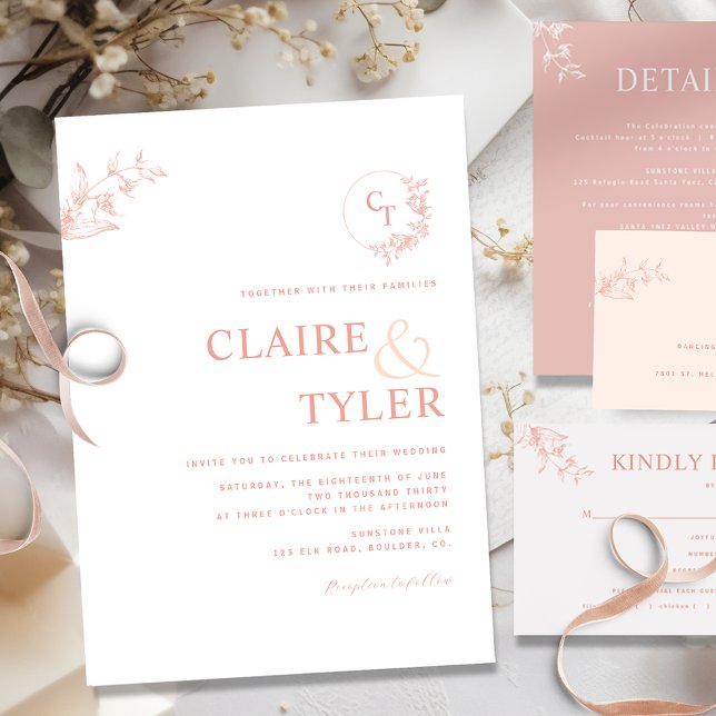 Elegant Modern Monogram Blush Pink, Peach Wedding Invitation (Creator Uploaded)