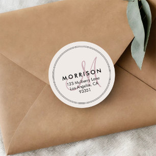 Elegant Modern Monogram Blush Pink Return Address Classic Round Sticker