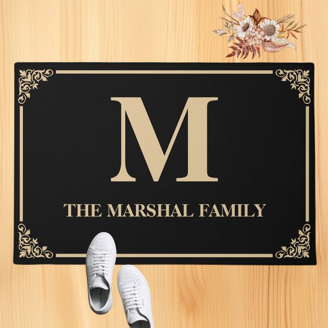Elegant Modern Monogram Family Name | Black Doormat (Creator Uploaded)