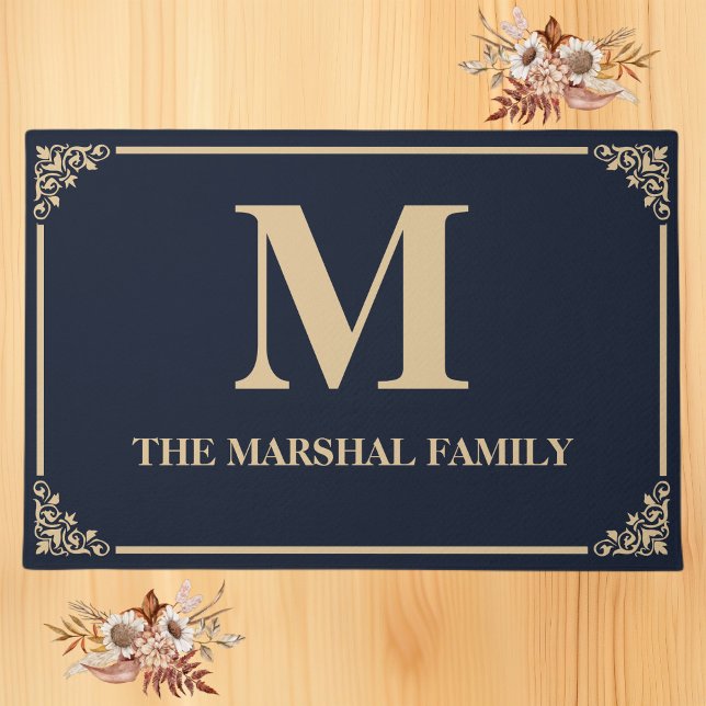 Elegant Modern Monogram Family Name | Navy Doormat (Creator Uploaded)