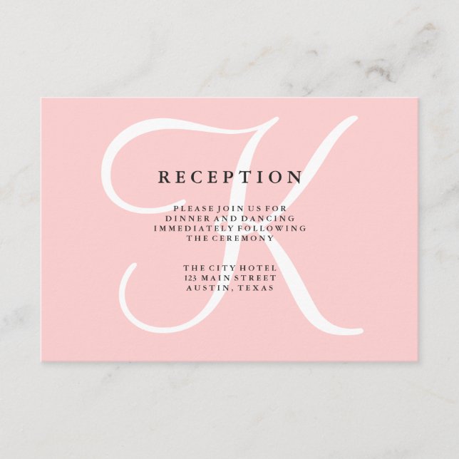 Elegant Modern Monogram in Pink Reception Card (Front)