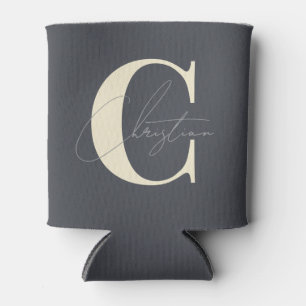 Elegant Modern Monogram Mediterranean Grey Can Cooler