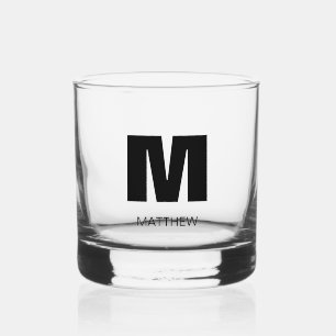 Elegant Modern Monogram Name Black Groomsmen  Whiskey Glass