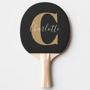 Elegant Modern Monogram Name in Black Gold  Ping Pong Paddle